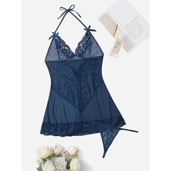 New Halter Lace Navy Chemise Bow Lingerie Set - Picture 2 of 9